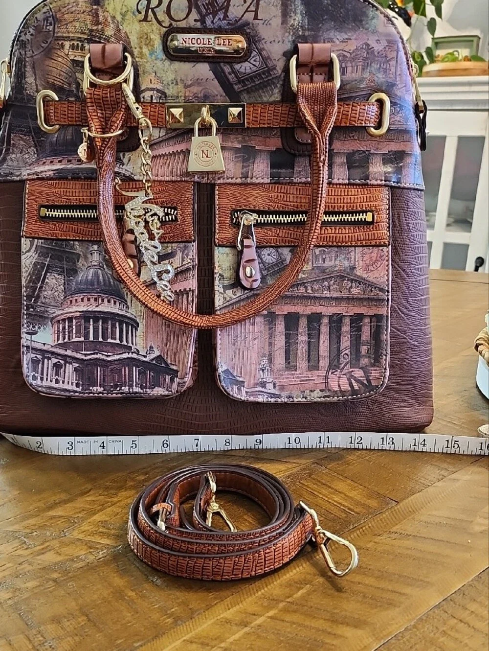 Nicole Lee Brown Roma Print Dome Satchel with Gold Hardware